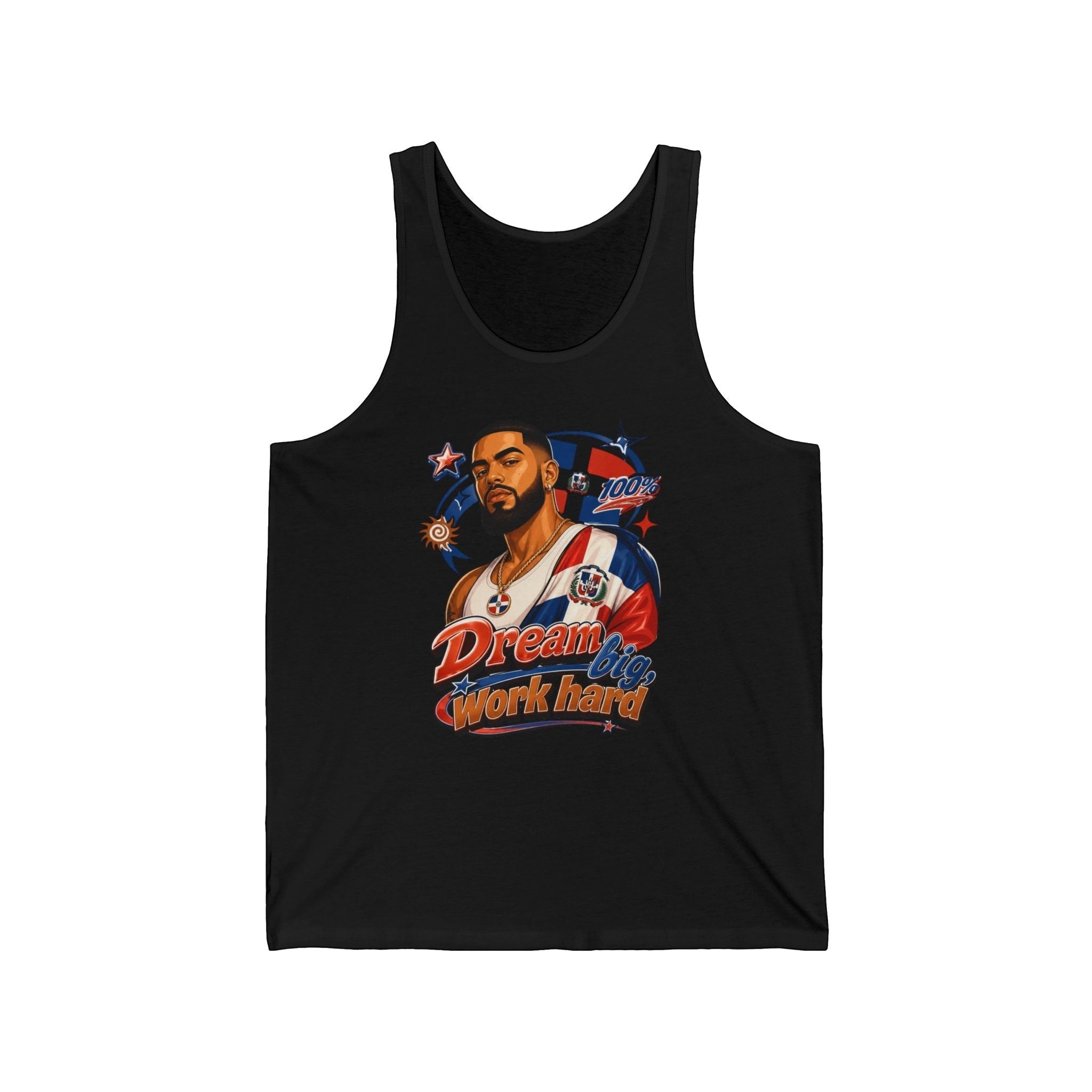 Dominican man in tank top, "Dream Big Work Hard" text, Dominican flag colors.