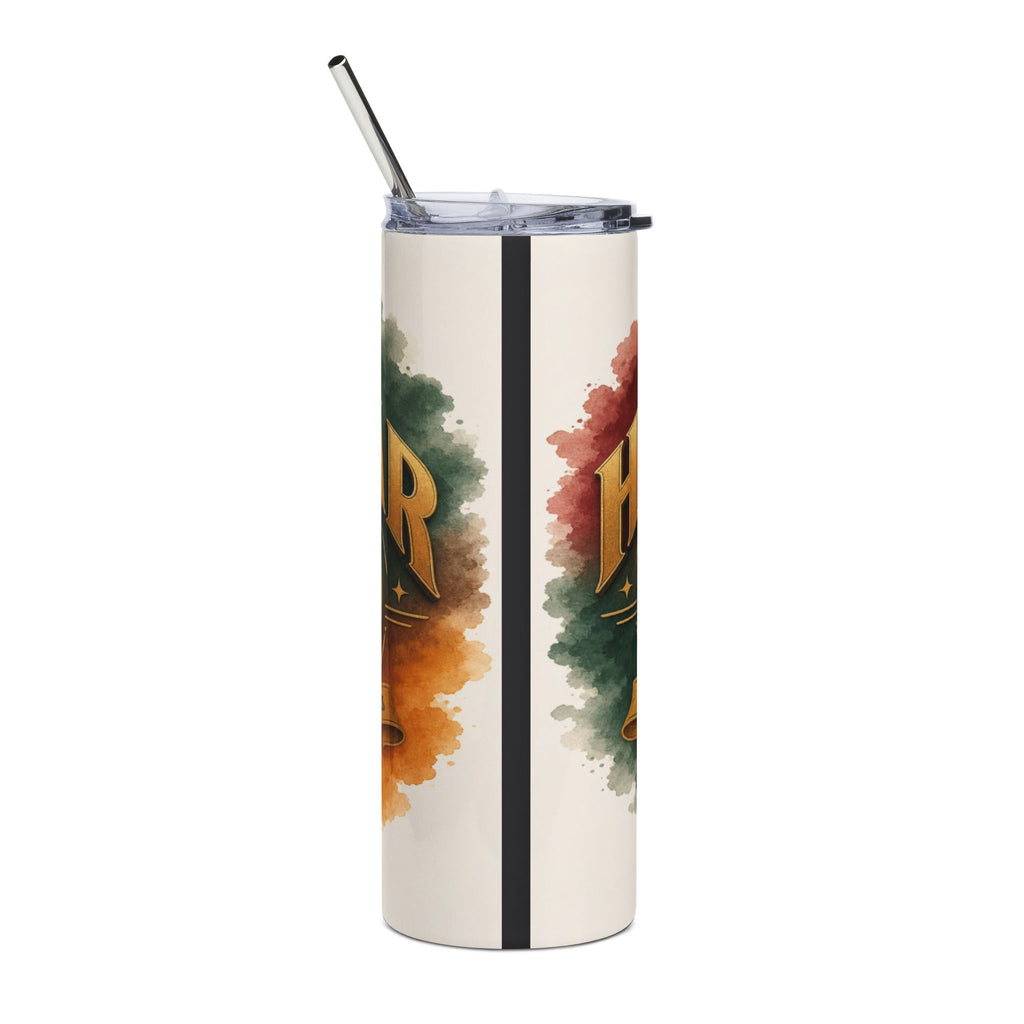 Tall tumbler with metallic straw, featuring gold lettering and watercolor splashes.