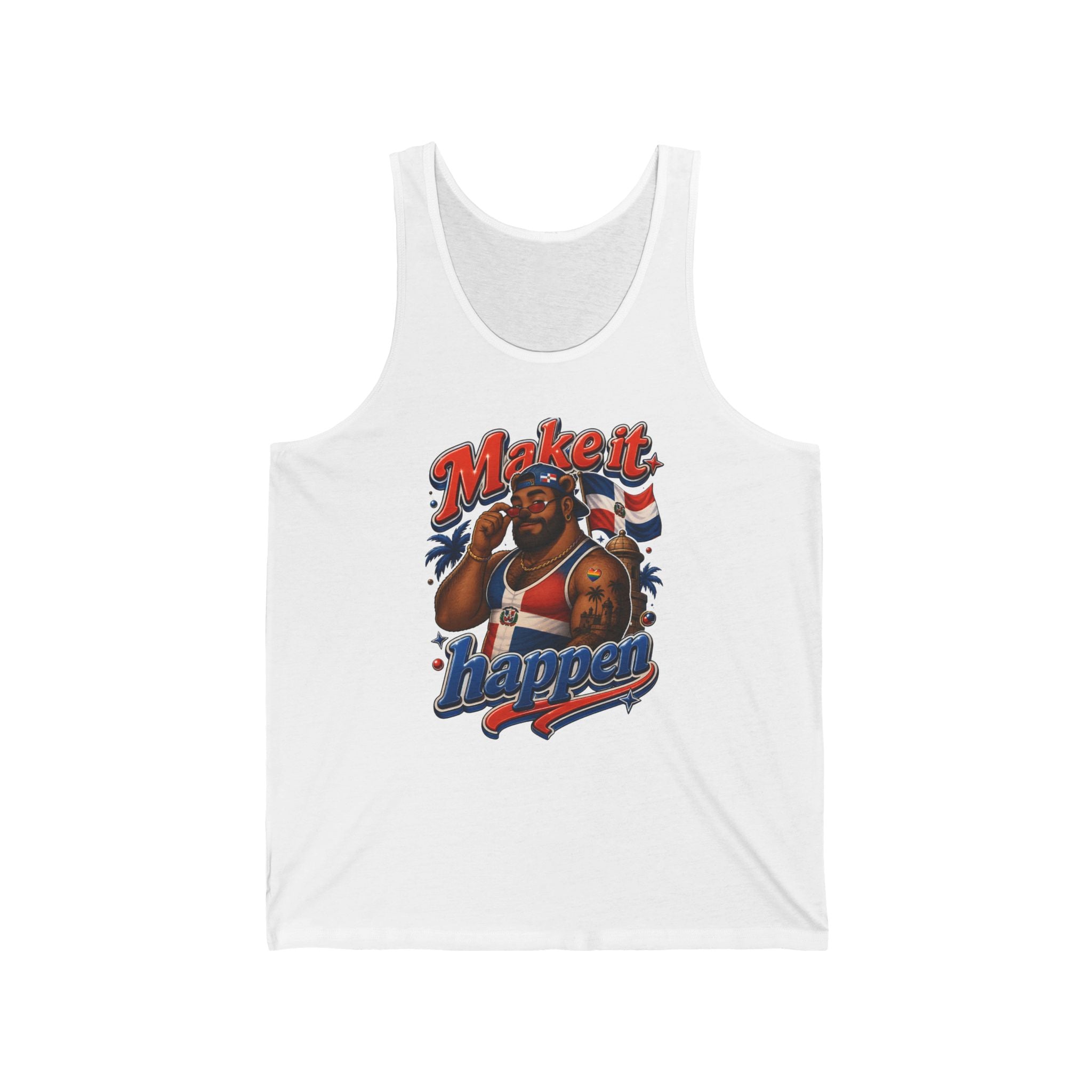 Man wearing sunglasses and tank top with Dominican flag and "Make it Happen" text.