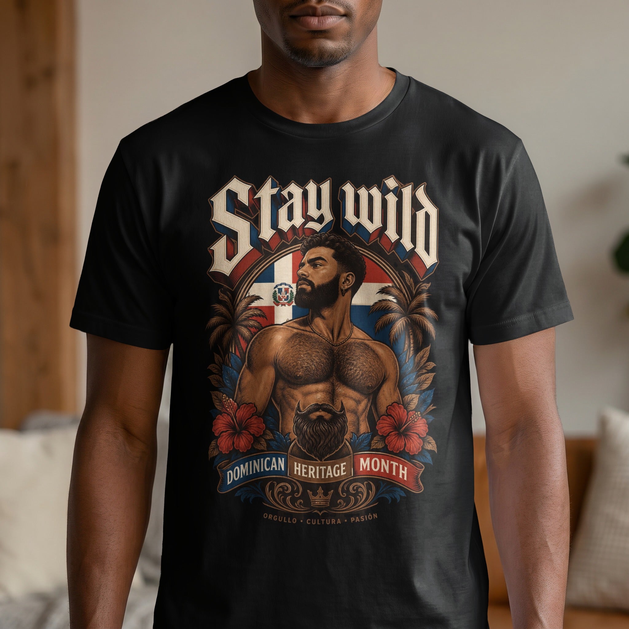 Black t-shirt with "Stay Wild" and Dominican Heritage Month graphic.