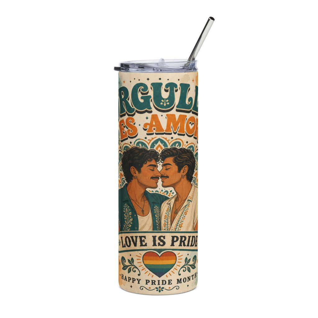 Two men kiss on a tumbler with "LOVE IS PRIDE" and "HAPPY PRIDE MONTH" text.