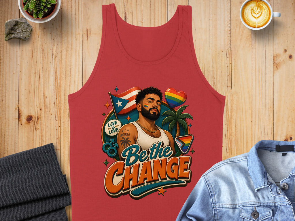 Red tank top with "Bethe Change" text and rainbow flag heart.