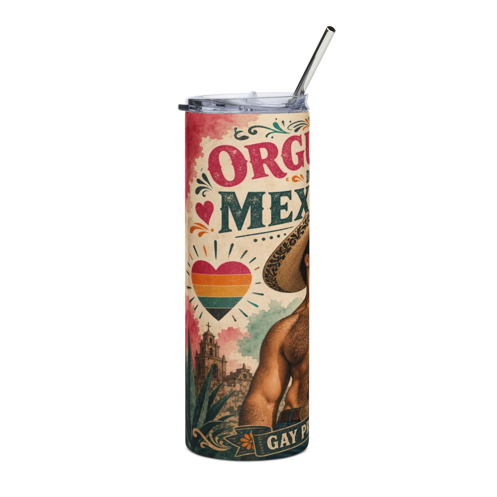 "Orgullo Mexico" text on a tumbler with a shirtless man in a sombrero.