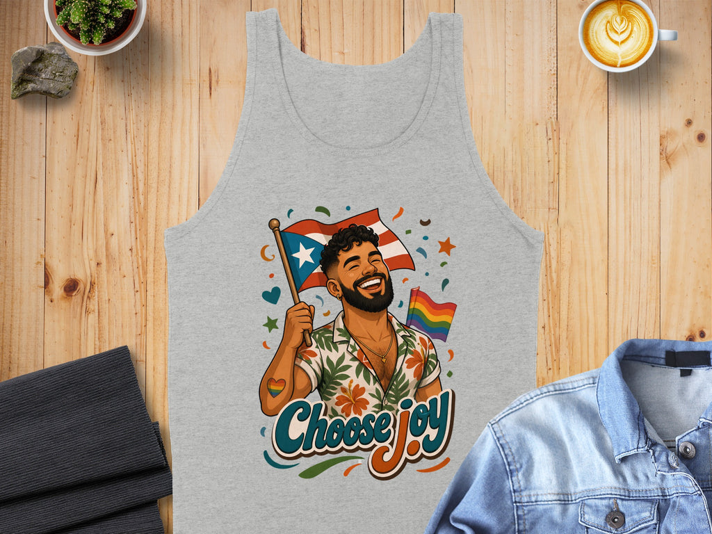 Gray tank top with "Choose Joy" and a man holding a pride flag.