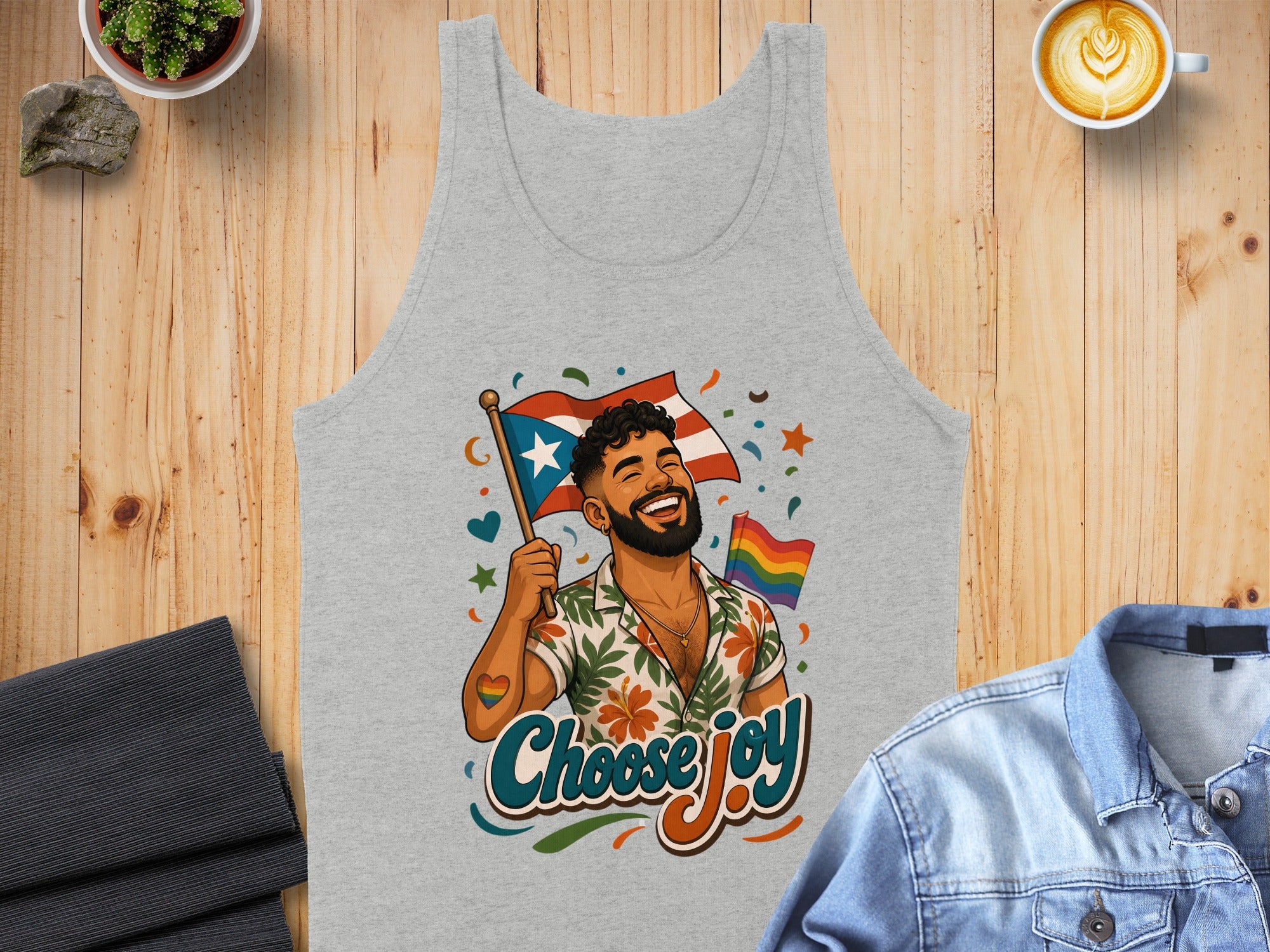 Gray tank top with "Choose Joy" and a man holding a pride flag.