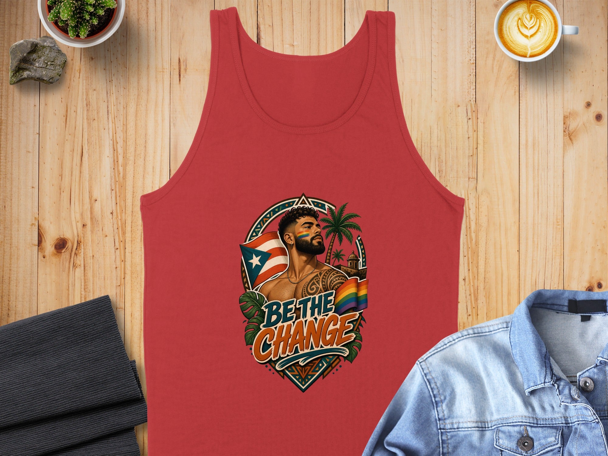 Red tank top with Puerto Rico flag, rainbow, and man graphic.