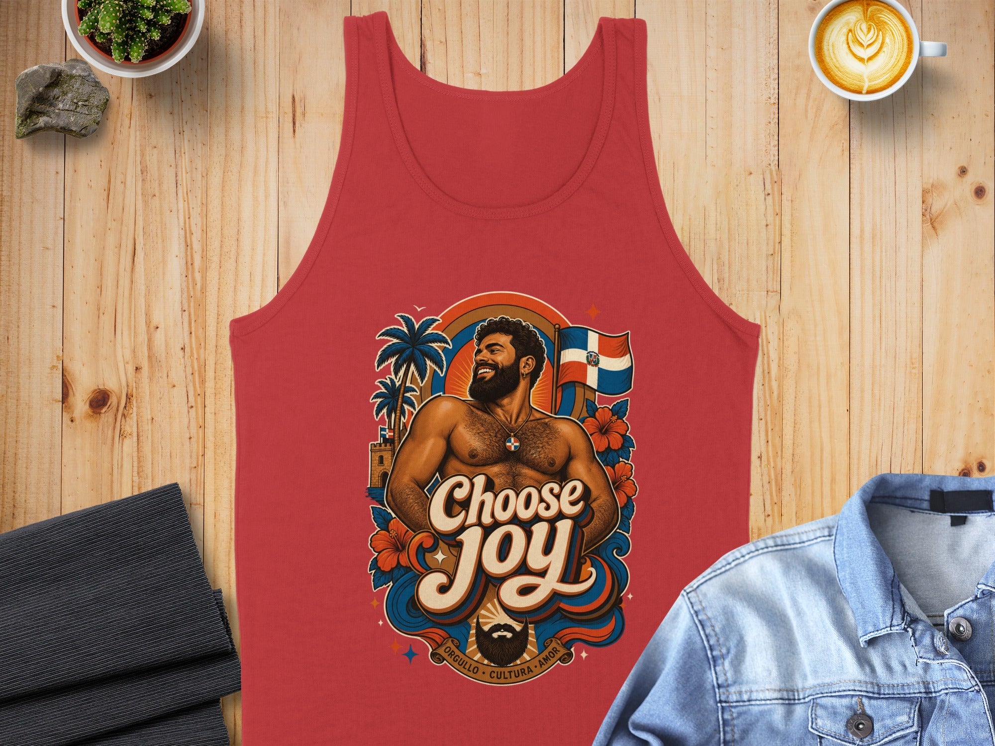 Red tank top with graphic design featuring a man, palm trees, and flag.