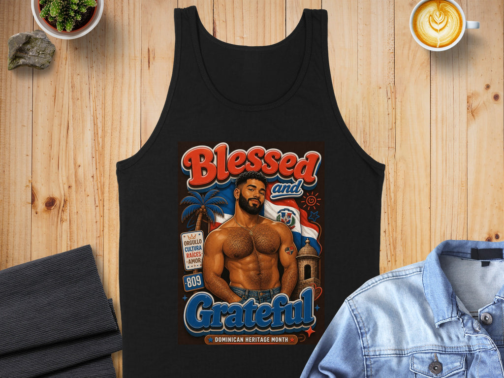 Black tank top with "Blessed and Grateful" text and Dominican flag imagery.
