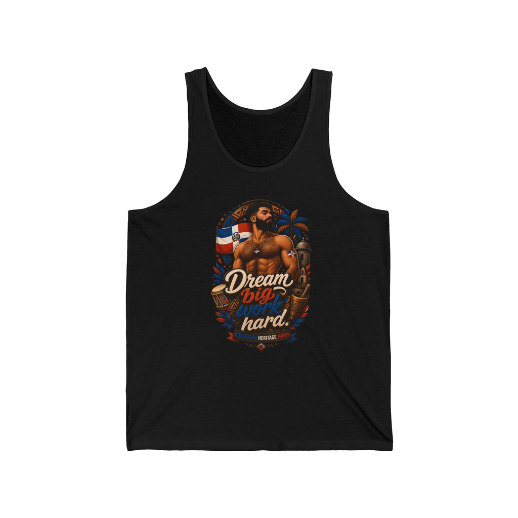 Man with "Dream Big Work Hard" text and Dominican flag on a black tank top.