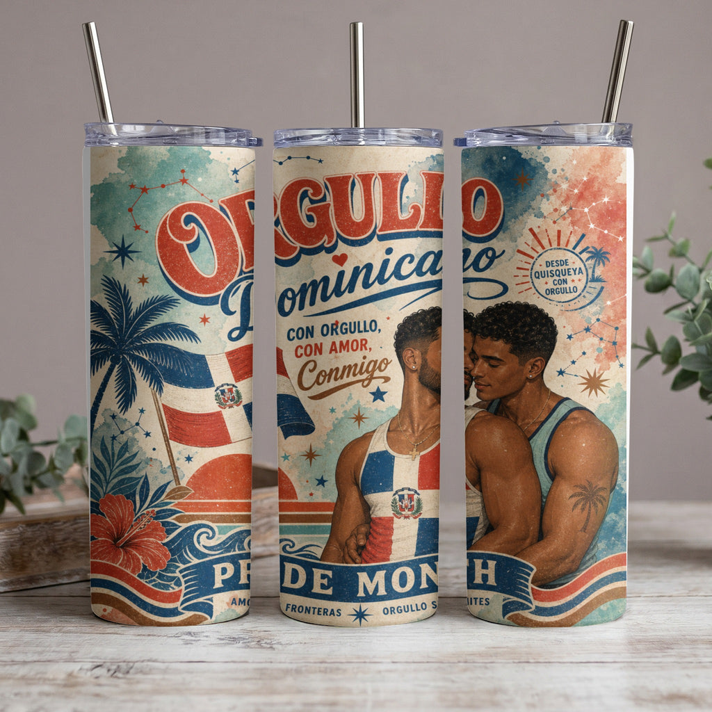 Pride of Dominican Republic men embracing, with text "Orgullo Dominicano"