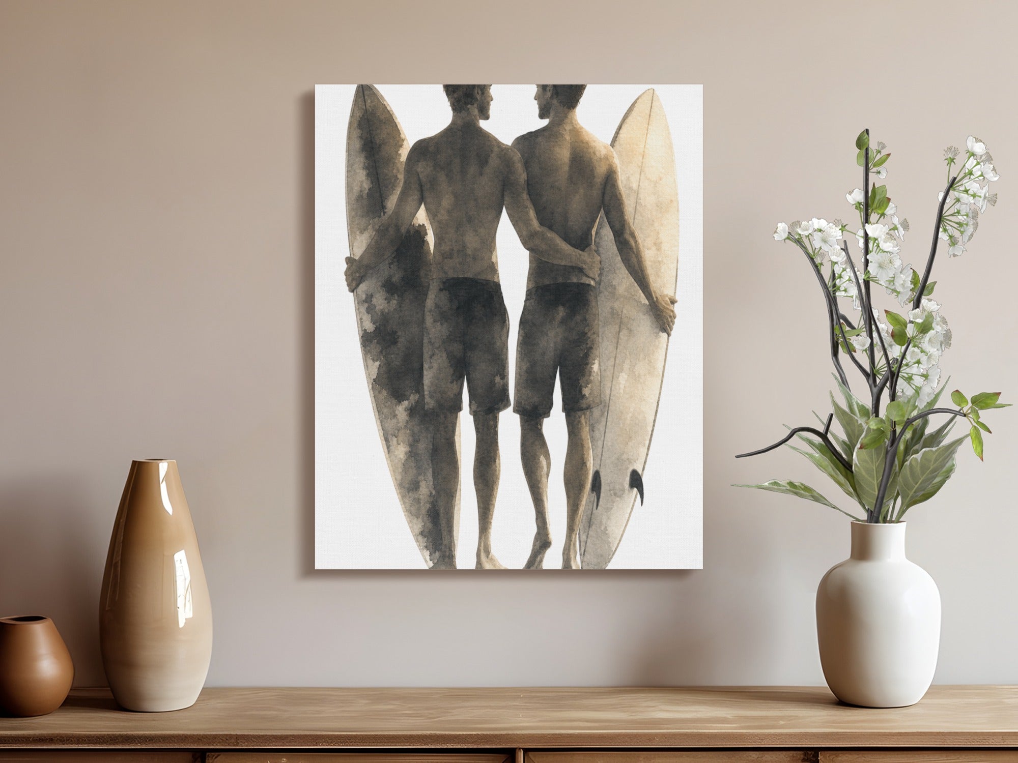 Watercolor painting of two men with surfboards on a wall.