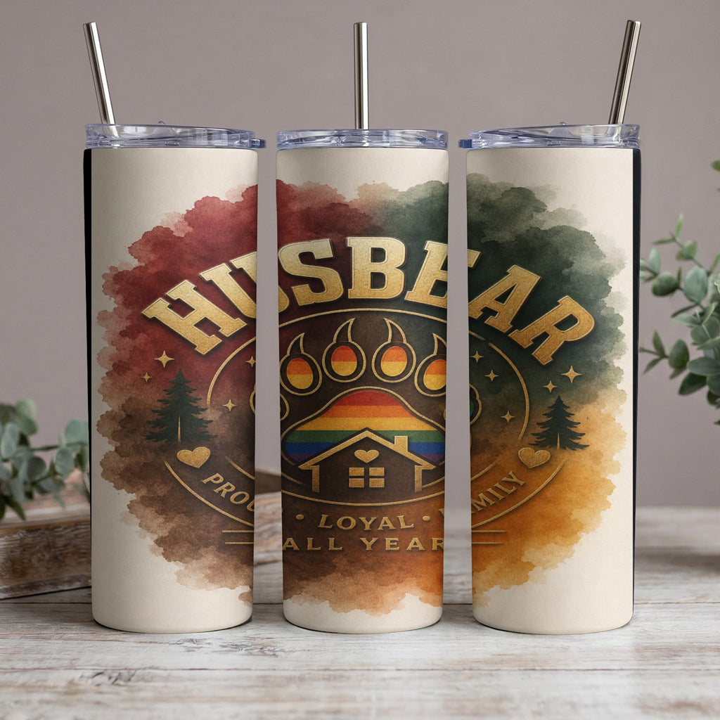 Tumbler with "Husbear" text, paw print, rainbow, and house design.