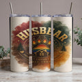 Tumbler with "Husbear" text, paw print, rainbow, and house design.