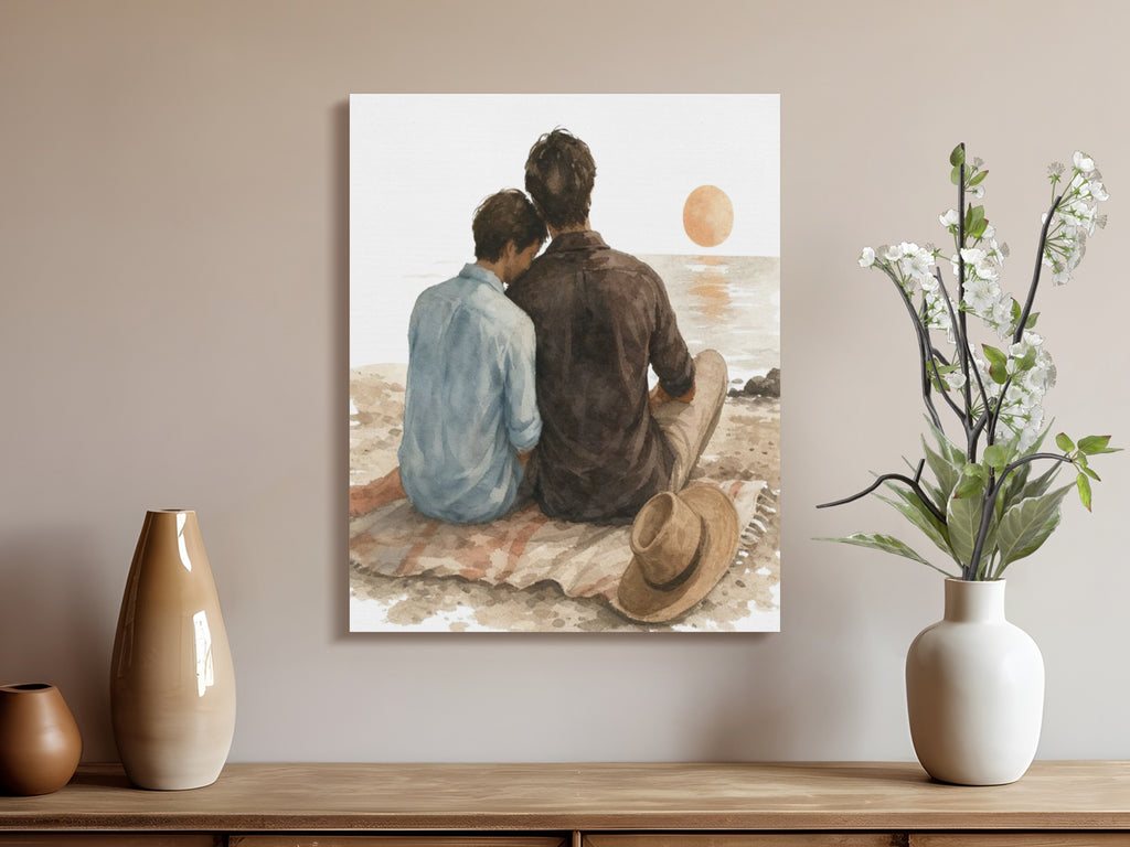 Watercolor painting of a father and son sitting on a beach at sunset.