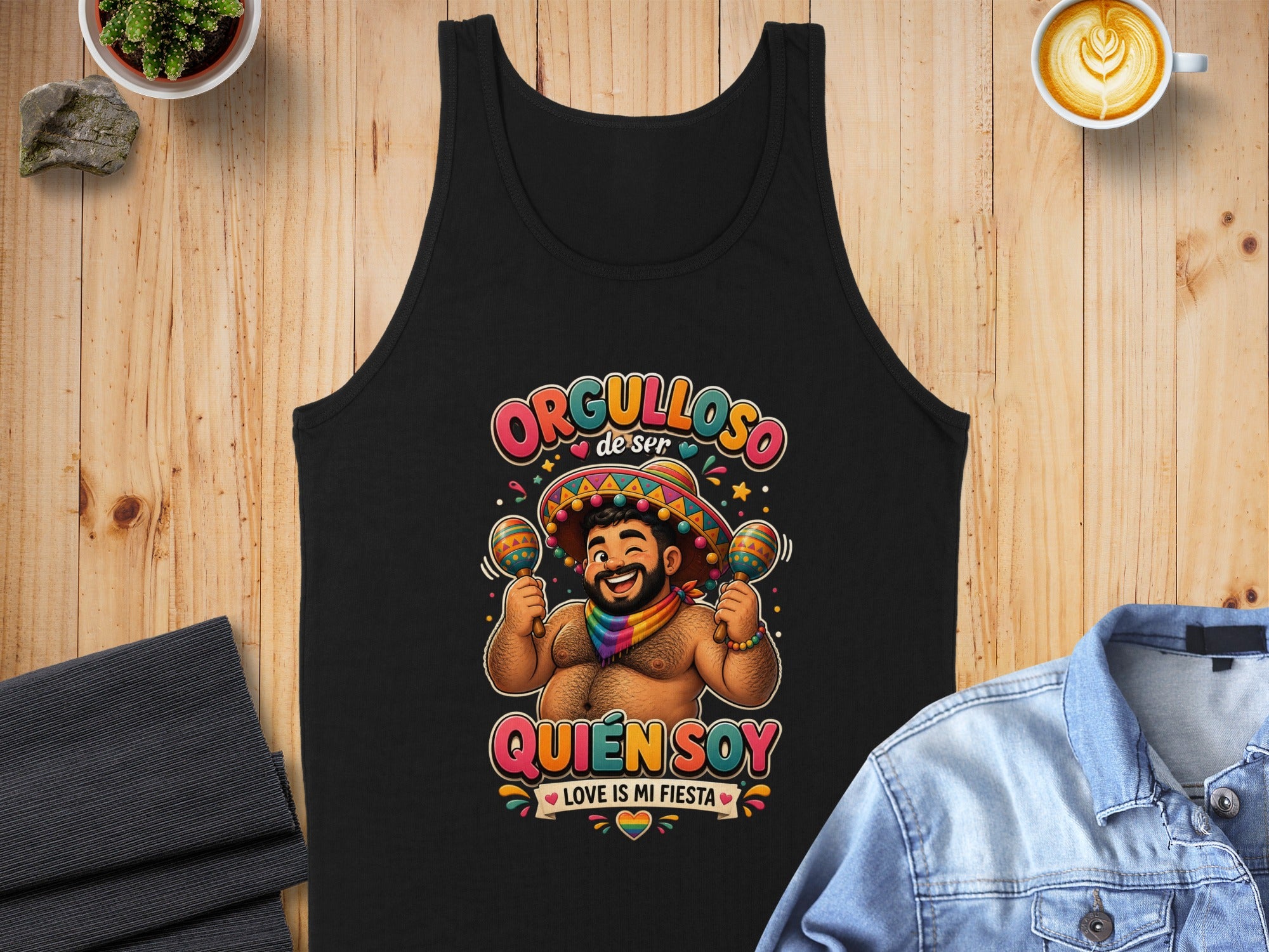 Black tank top with "Orgulloso de ser quien soy" and LGBTQ+ pride graphics.