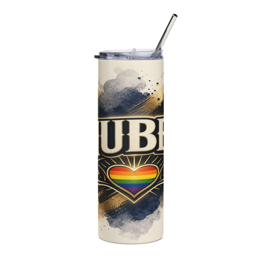 Tall tumbler with rainbow heart and "LOVE" text, featuring watercolor accents.