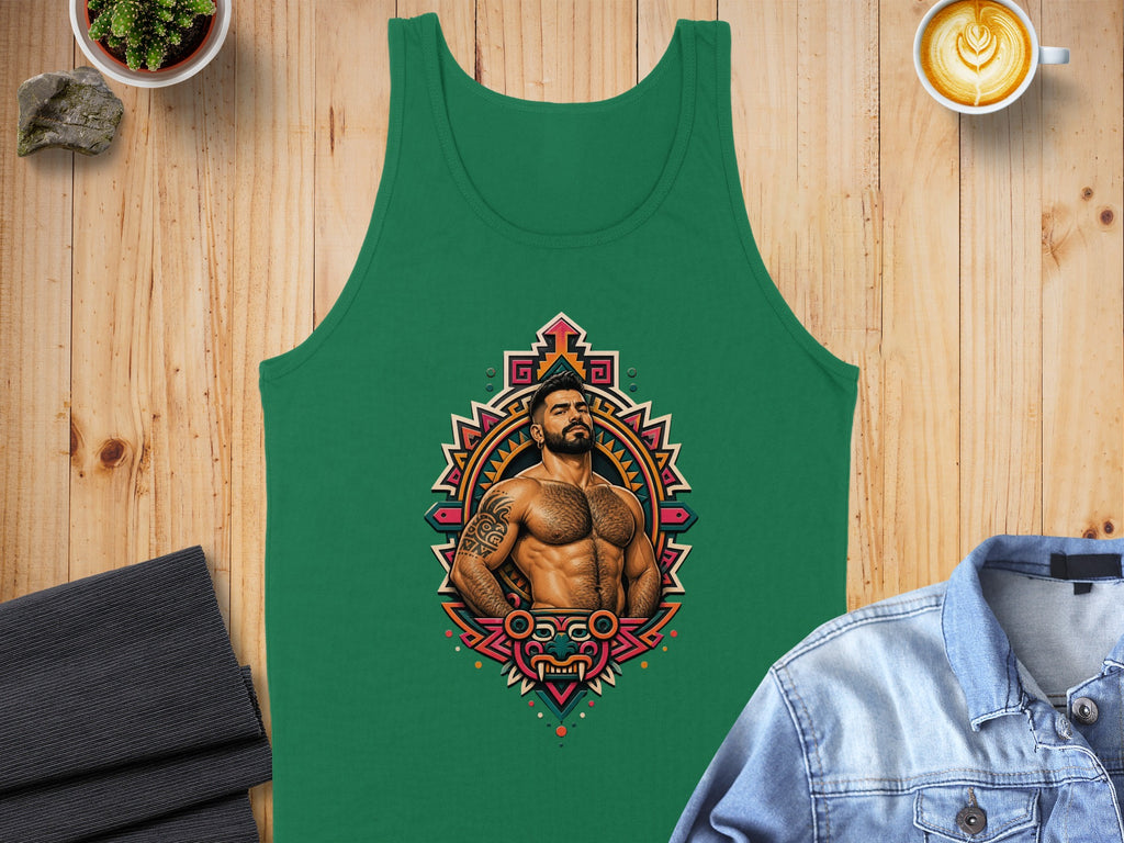 Green tank top with circular tribal tattoo artwork of a muscular man.