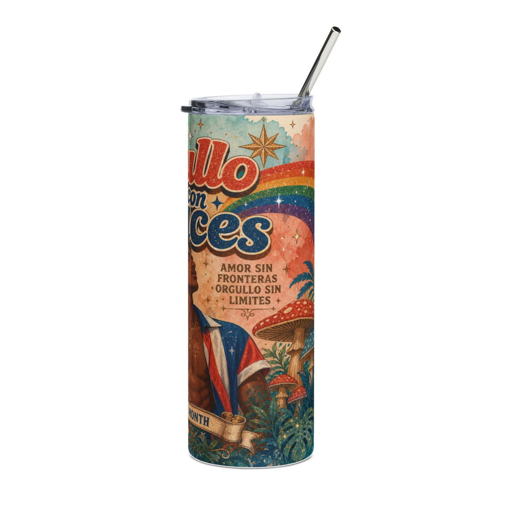 Tall tumbler with "Orgullo Sin Limites" and Puerto Rican flag design.