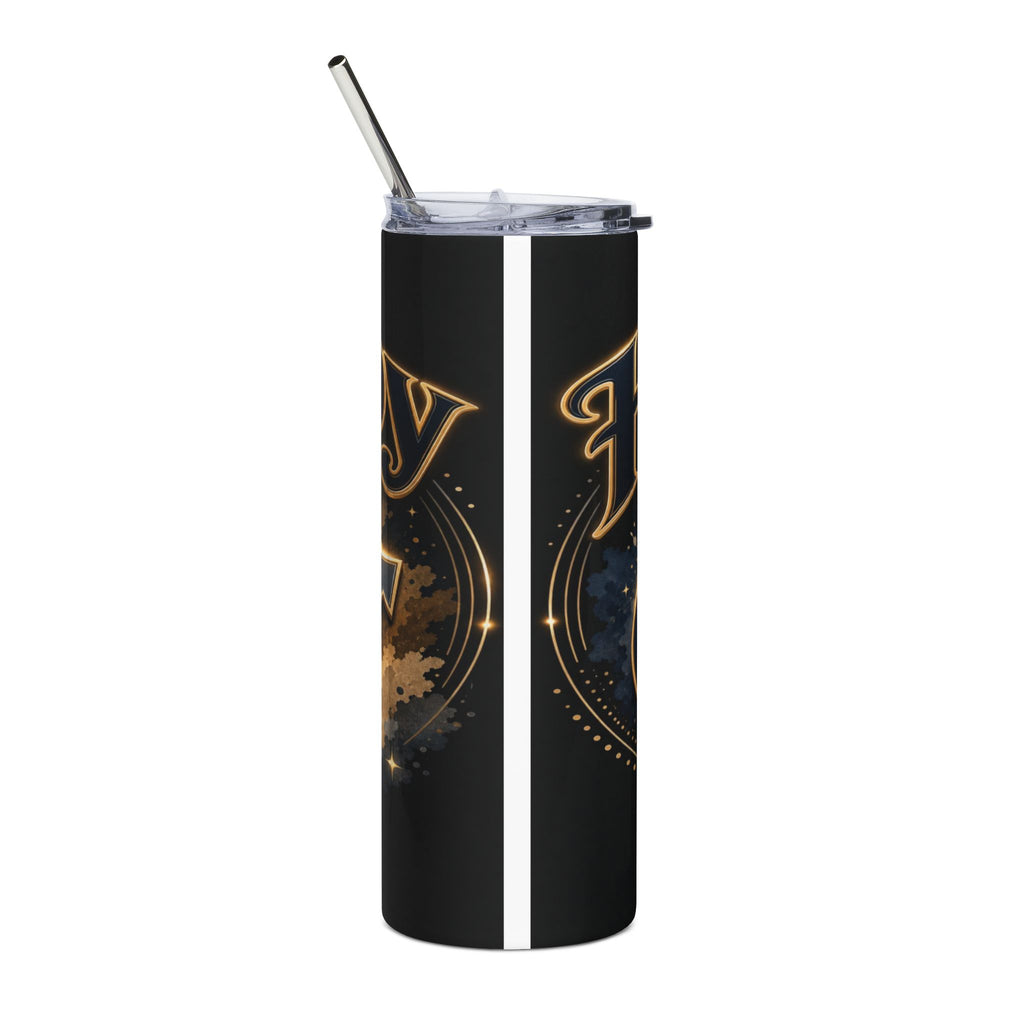 Black tumbler with gold celestial design and silver straw