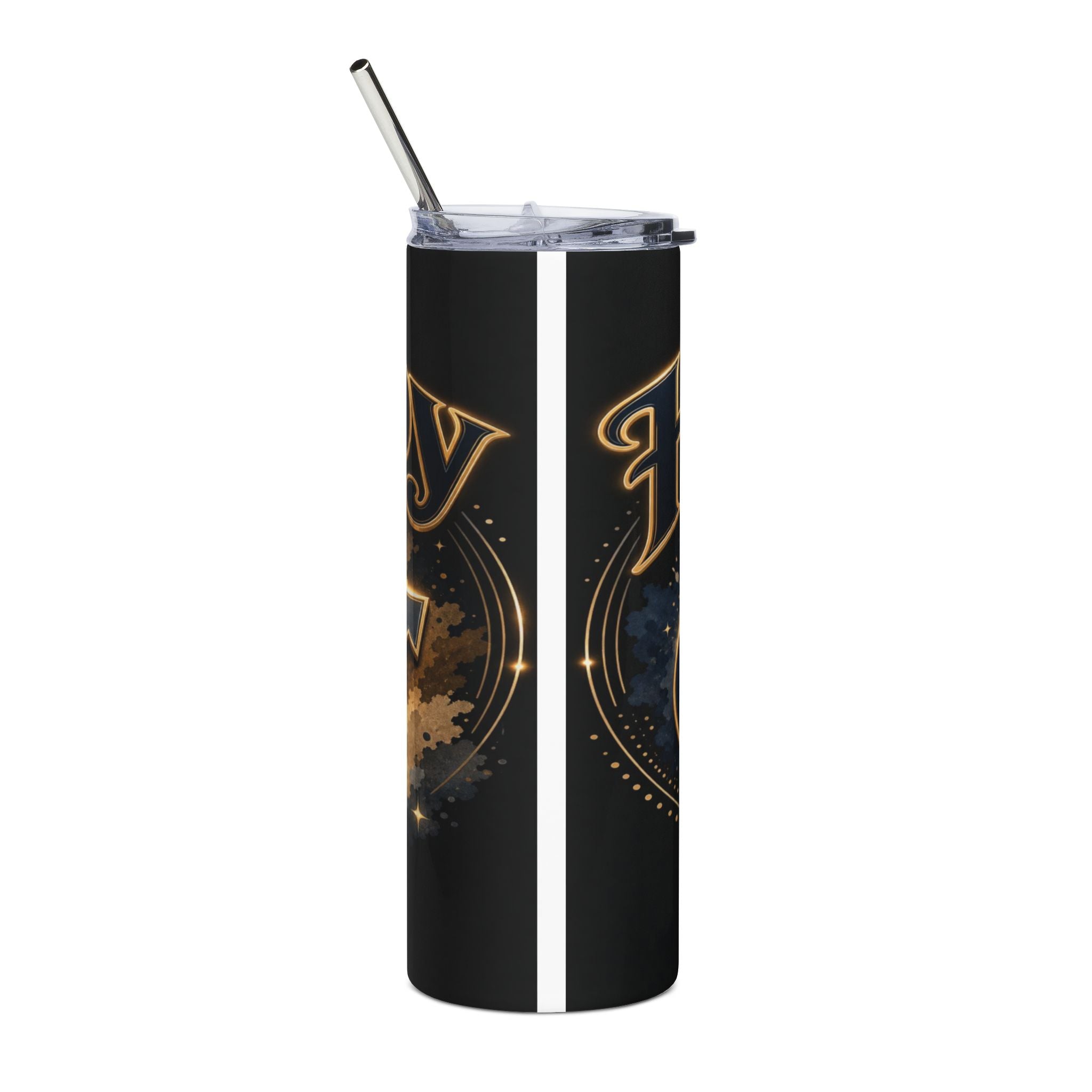 Black tumbler with gold celestial design and silver straw
