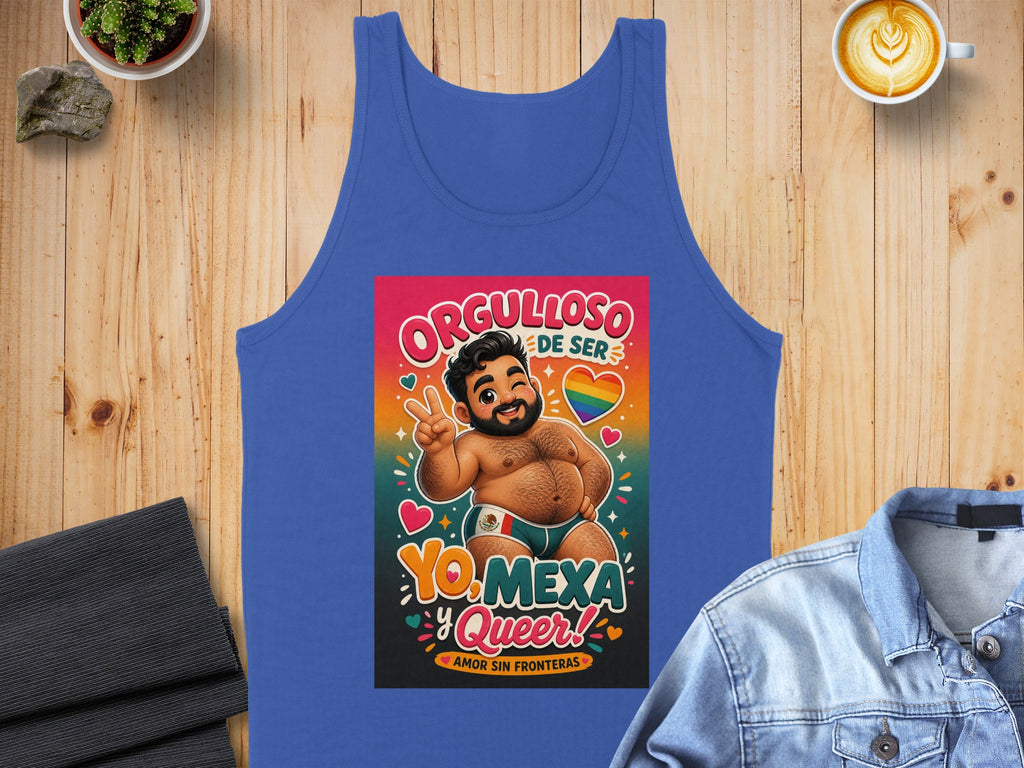 Blue tank top with "Orgulloso de ser Yo. Mexa. Amor sin fronteras." text and rainbow heart.