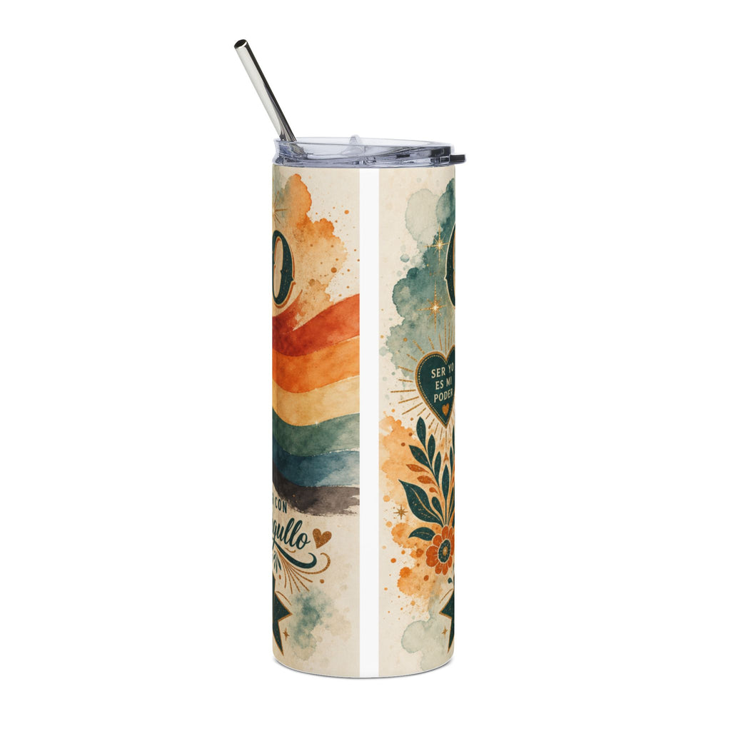 Tumbler with rainbow and floral designs, featuring Spanish text "Ser es poder".