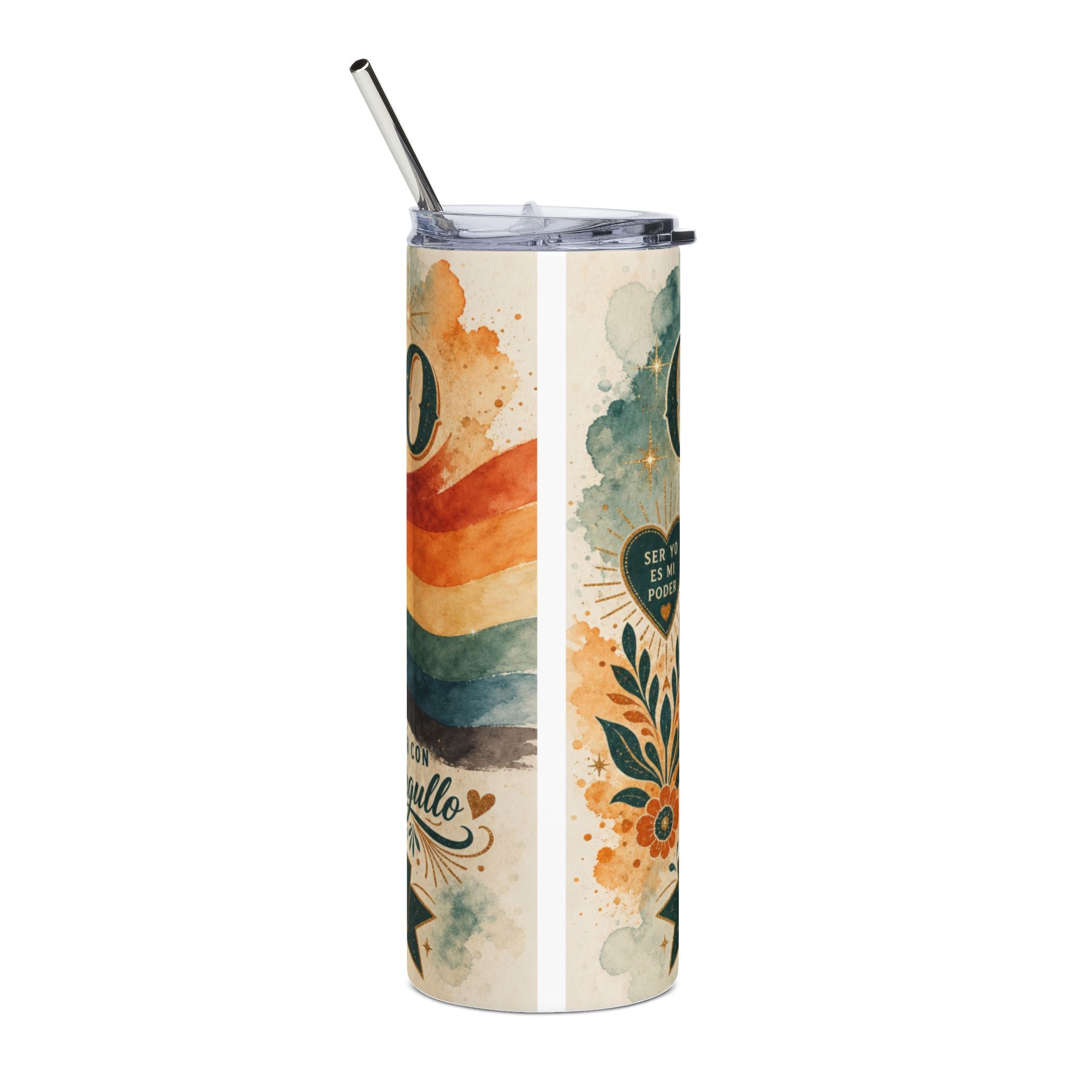 Tumbler with rainbow and floral designs, featuring Spanish text "Ser es poder".