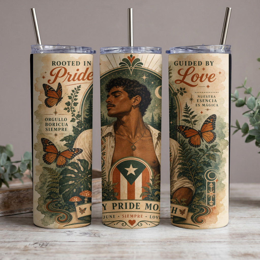 Tumbler with Puerto Rican pride design, man, butterflies, and text.
