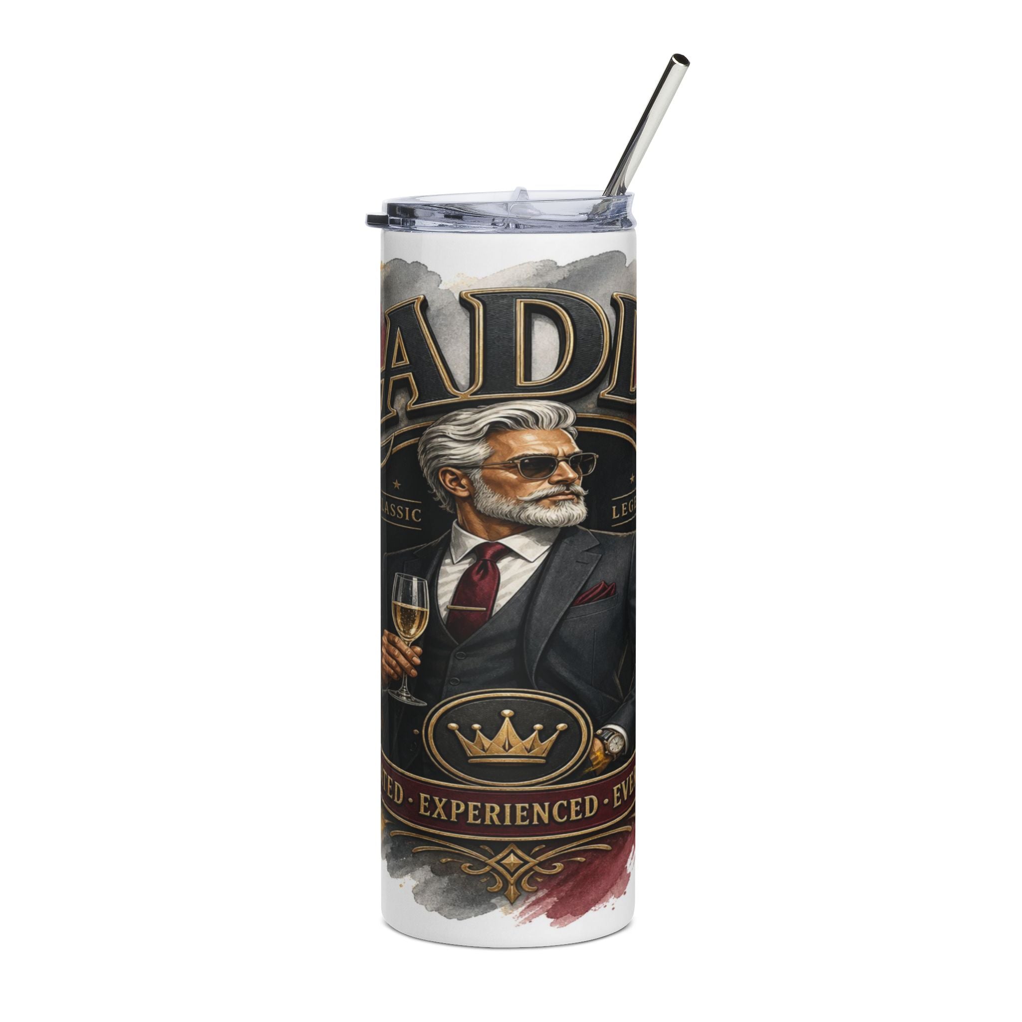 Tumbler with a distinguished gentleman illustration and the text "ADI", "CLASSIC", "LEGEND", and "EXPERIENCED".