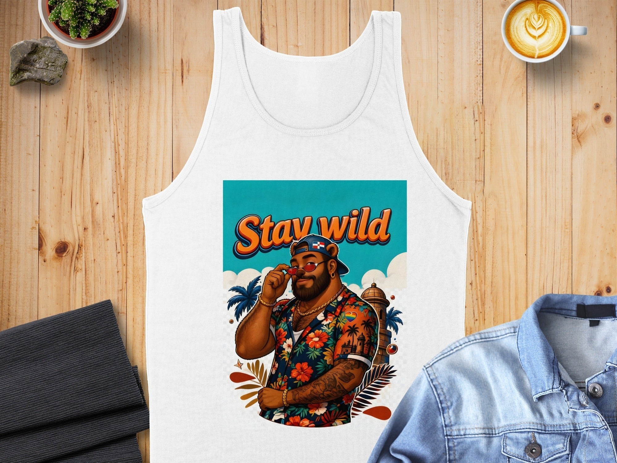 White tank top with "Stay wild" text and man in Hawaiian shirt.