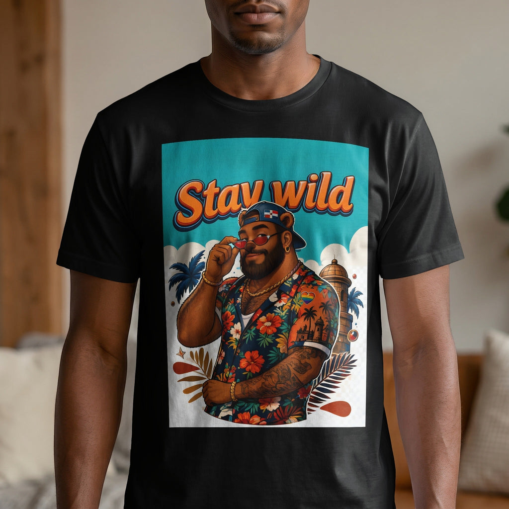 Man wearing a black t-shirt with a colorful "Stay Wild" graphic.