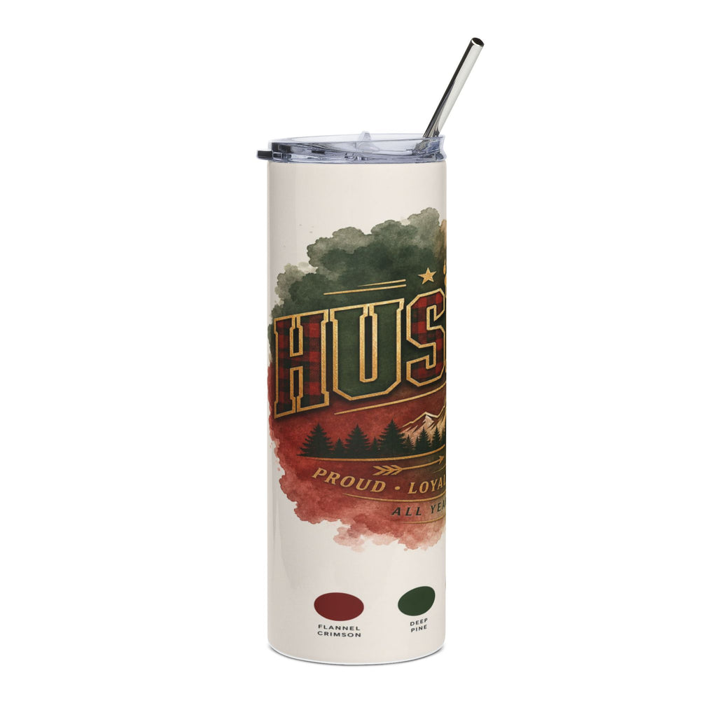 Tall tumbler with "Husky Proud Loyal All Year" text and outdoor graphics.