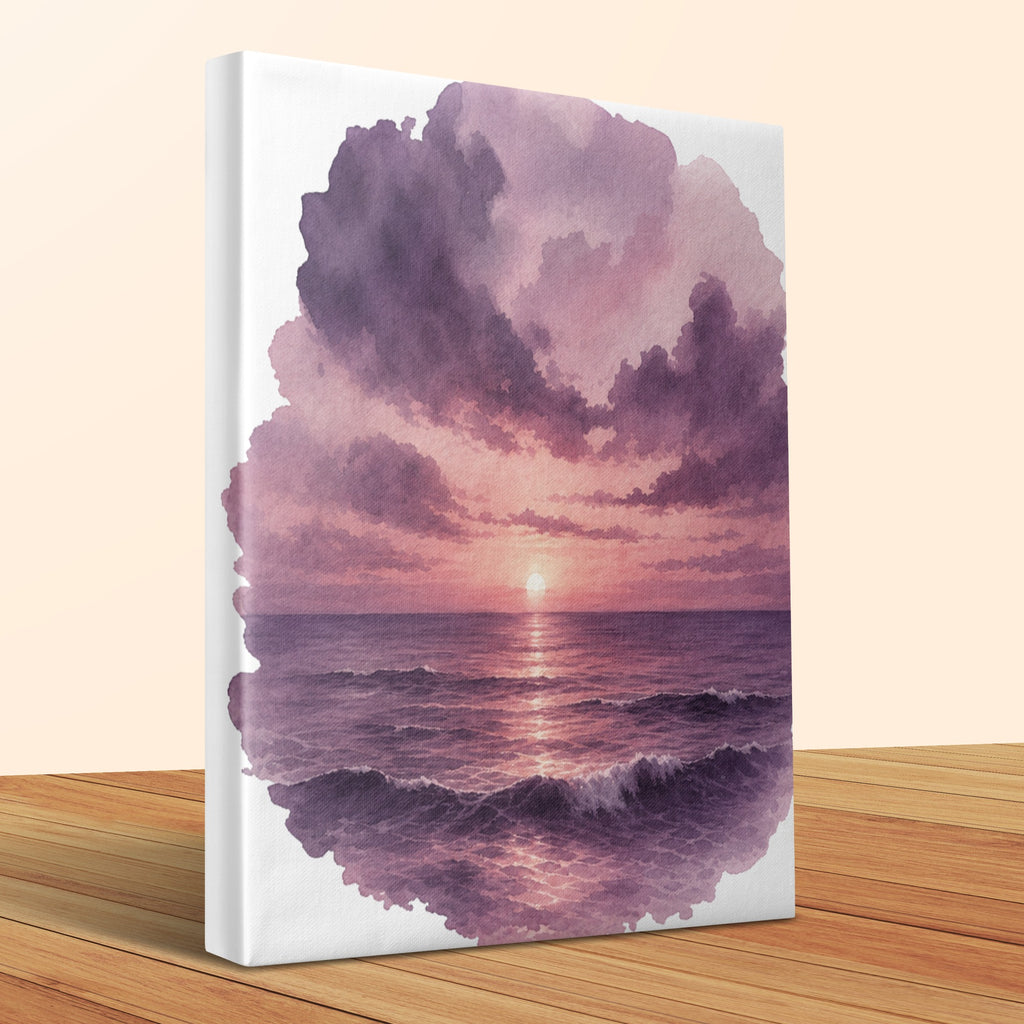 Watercolor canvas print of a purple sunset over a choppy ocean.
