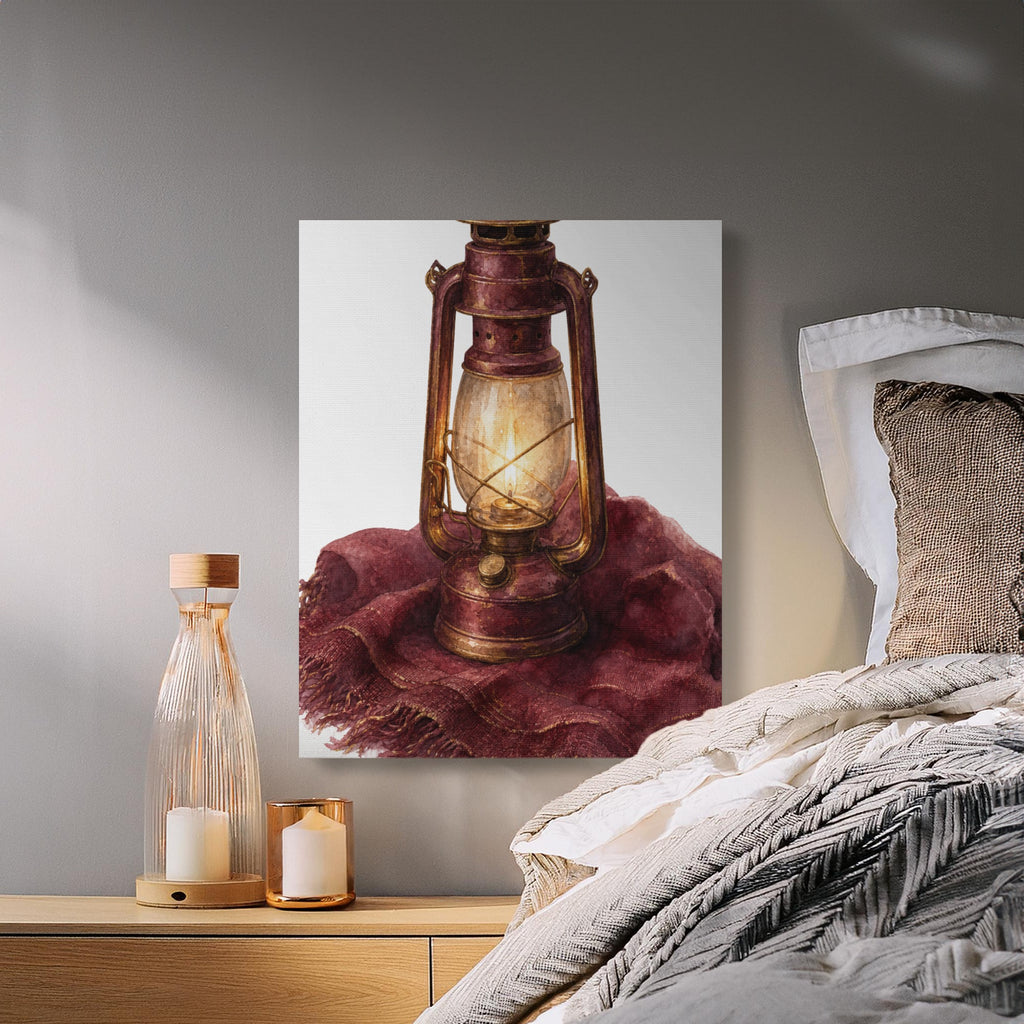 Red antique lantern with glowing wick on textured fabric.