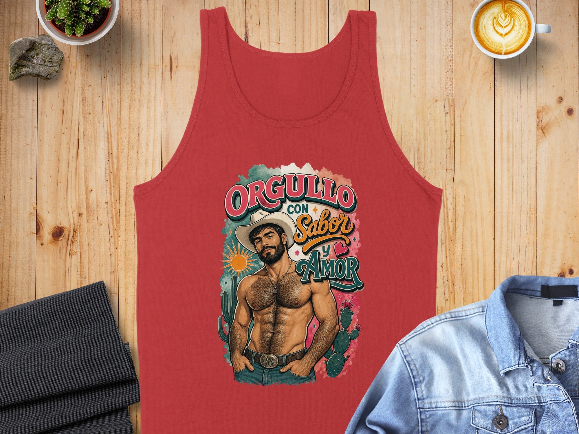 Red tank top with "Orgullo con Sabor y Amor" text and a muscular man graphic.