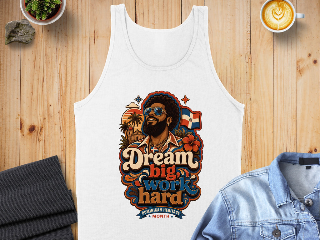 White tank top with "Dream Big, Work Hard" and Dominican flag graphic.