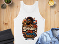 White tank top with "Dream Big, Work Hard" and Dominican flag graphic.