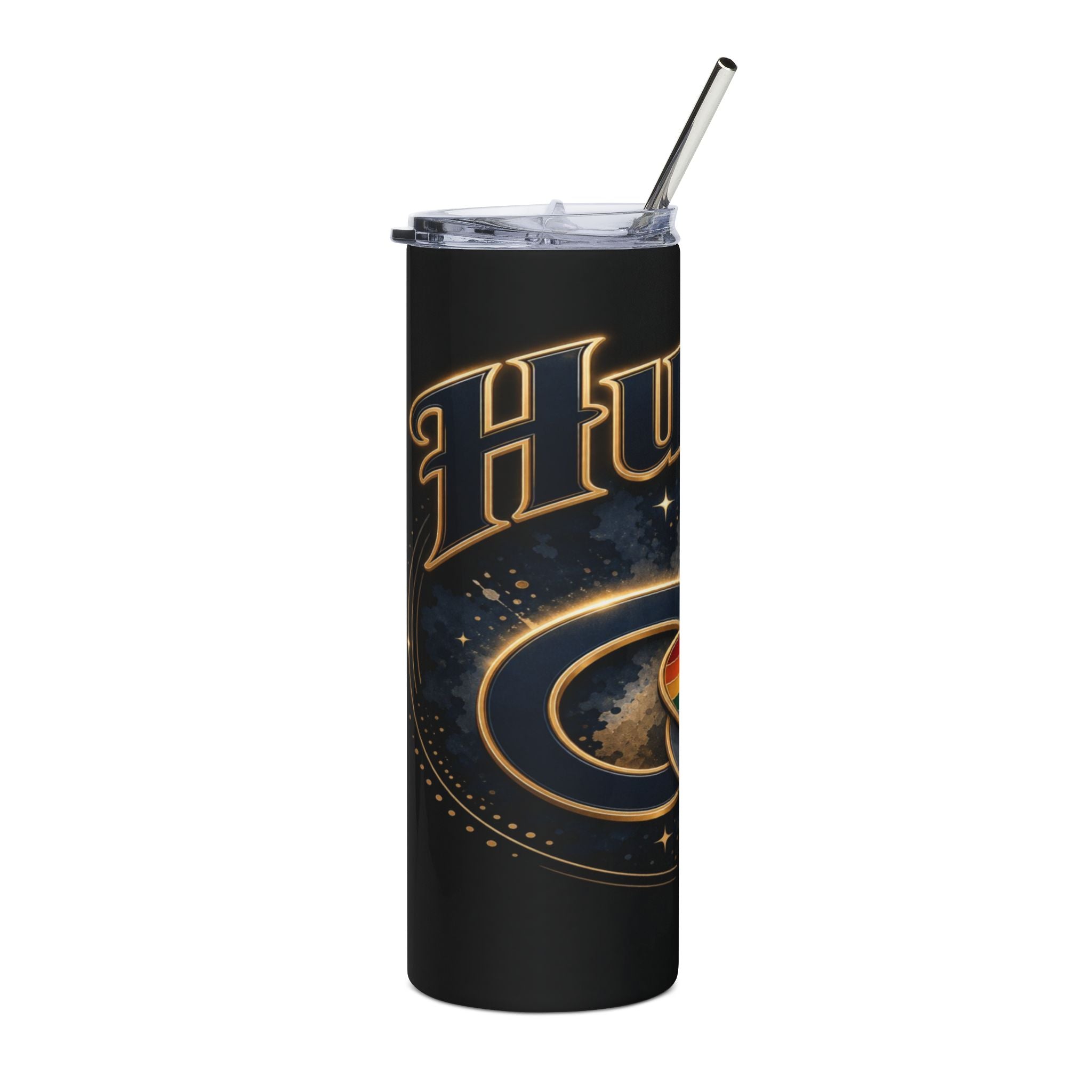 Black tumbler with gold lettering that reads "HU" and a circular graphic.