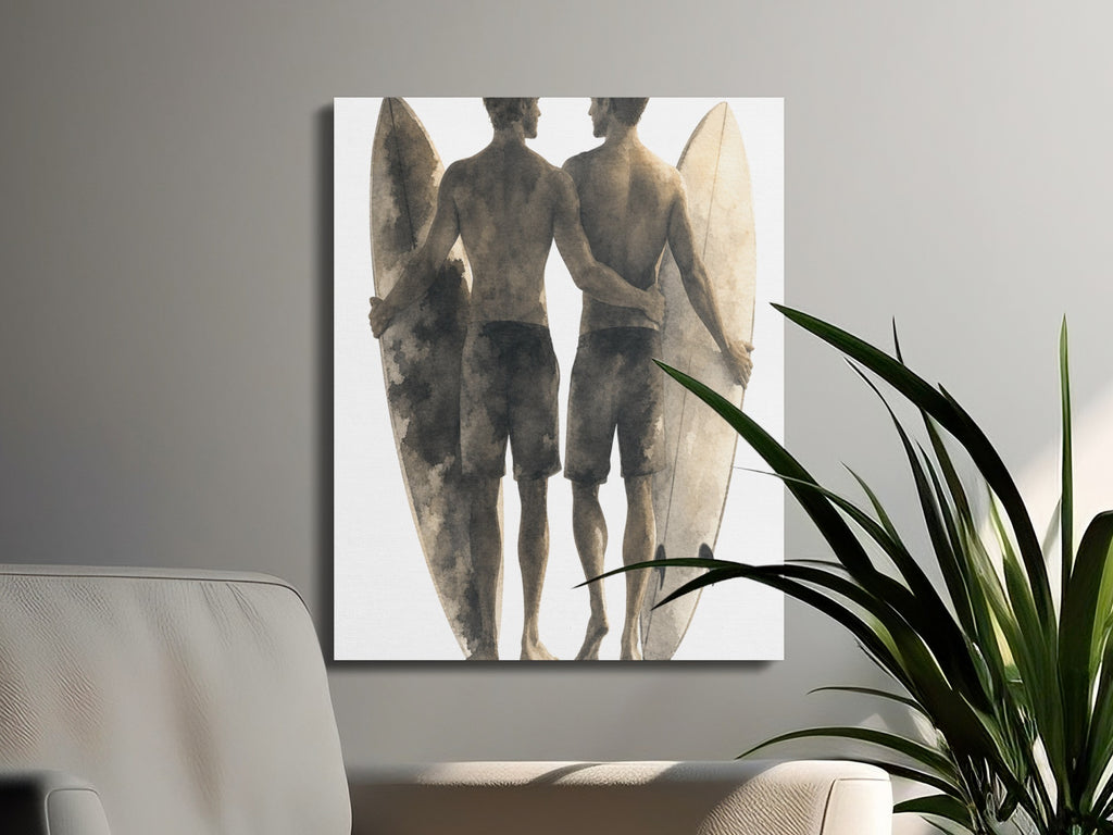 Watercolor art of two shirtless men with surfboards, one with arm around the other.