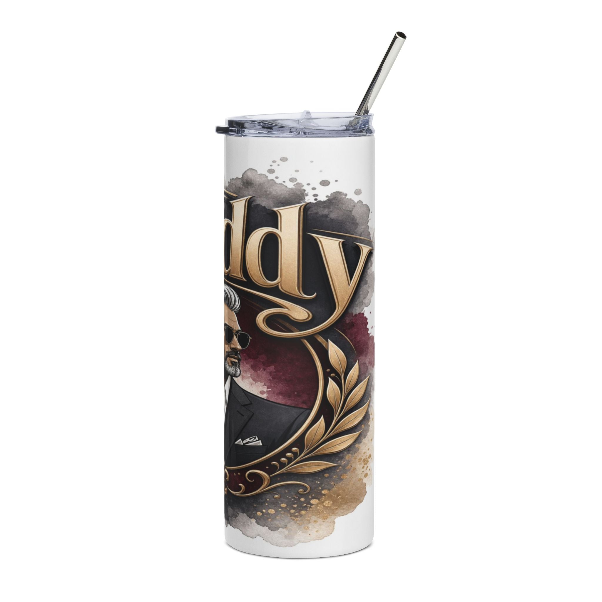 Tumbler with golden text and illustration of a man in a suit.