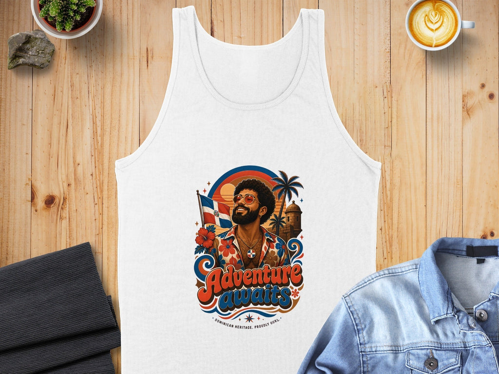 White tank top with colorful graphic of man wearing sunglasses and bandana, palm trees, and flags.