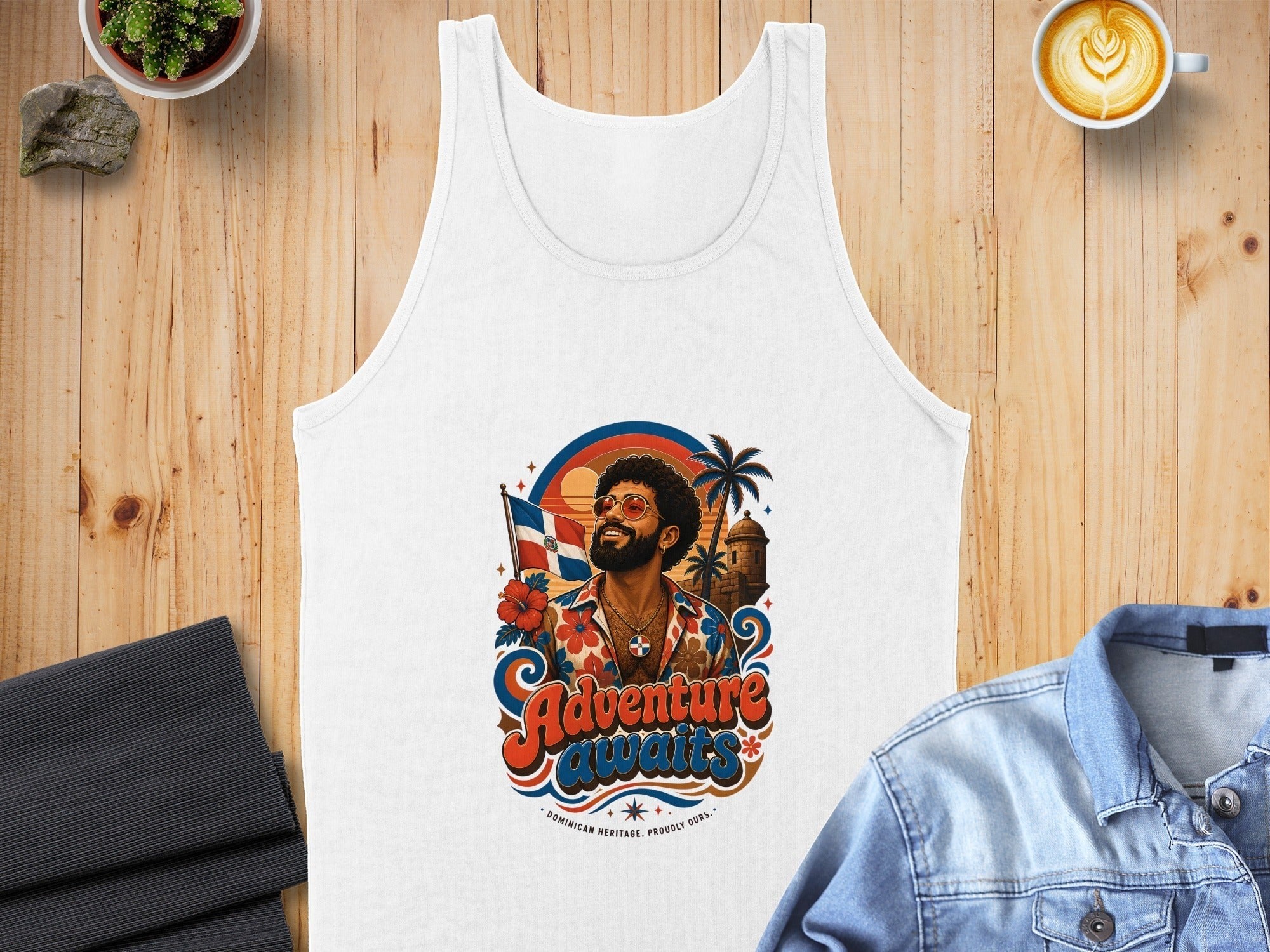 White tank top with colorful graphic of man wearing sunglasses and bandana, palm trees, and flags.