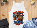 Dominican man in sunglasses on tank top with "Make it happen" text and flag.