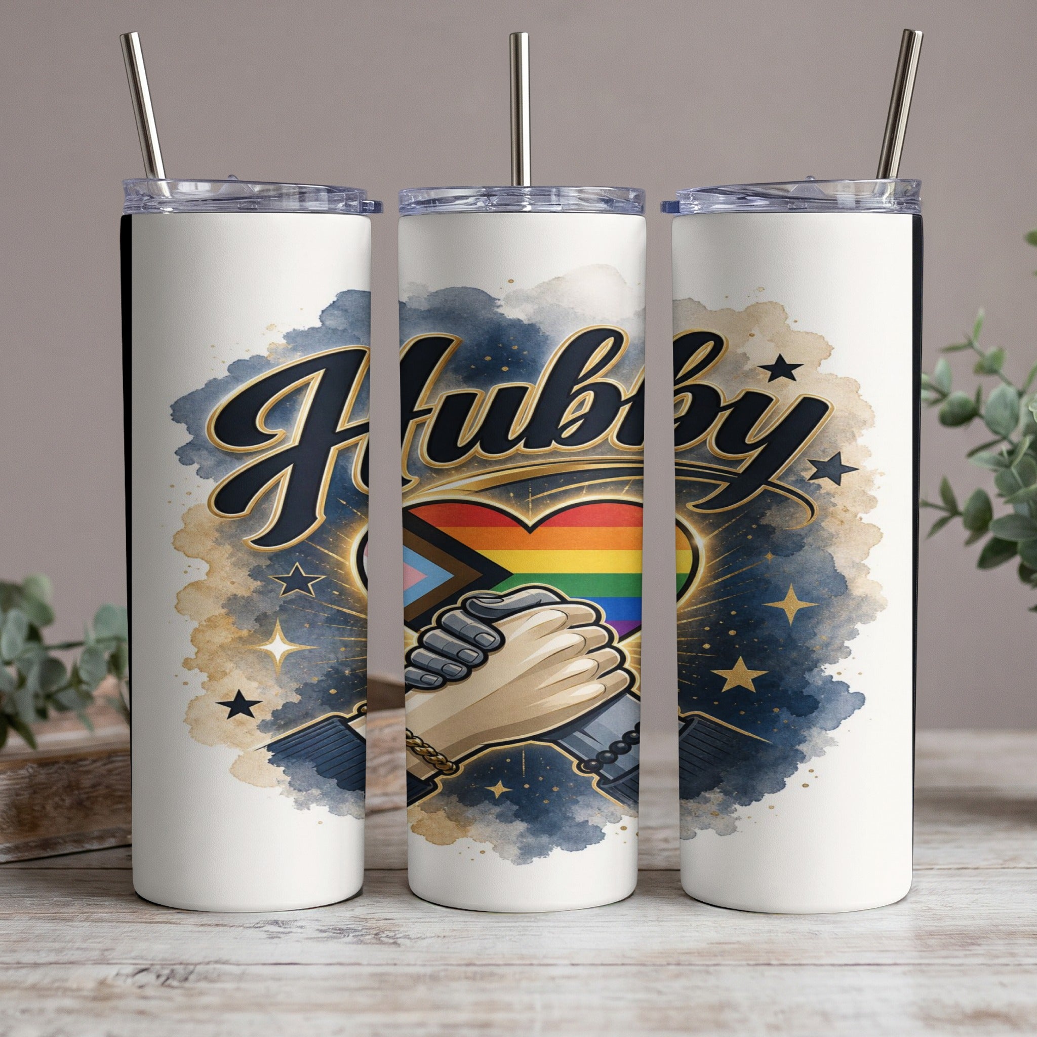 Tumbler with "Hubby" text, rainbow heart, and linked hands on a navy and gold background.