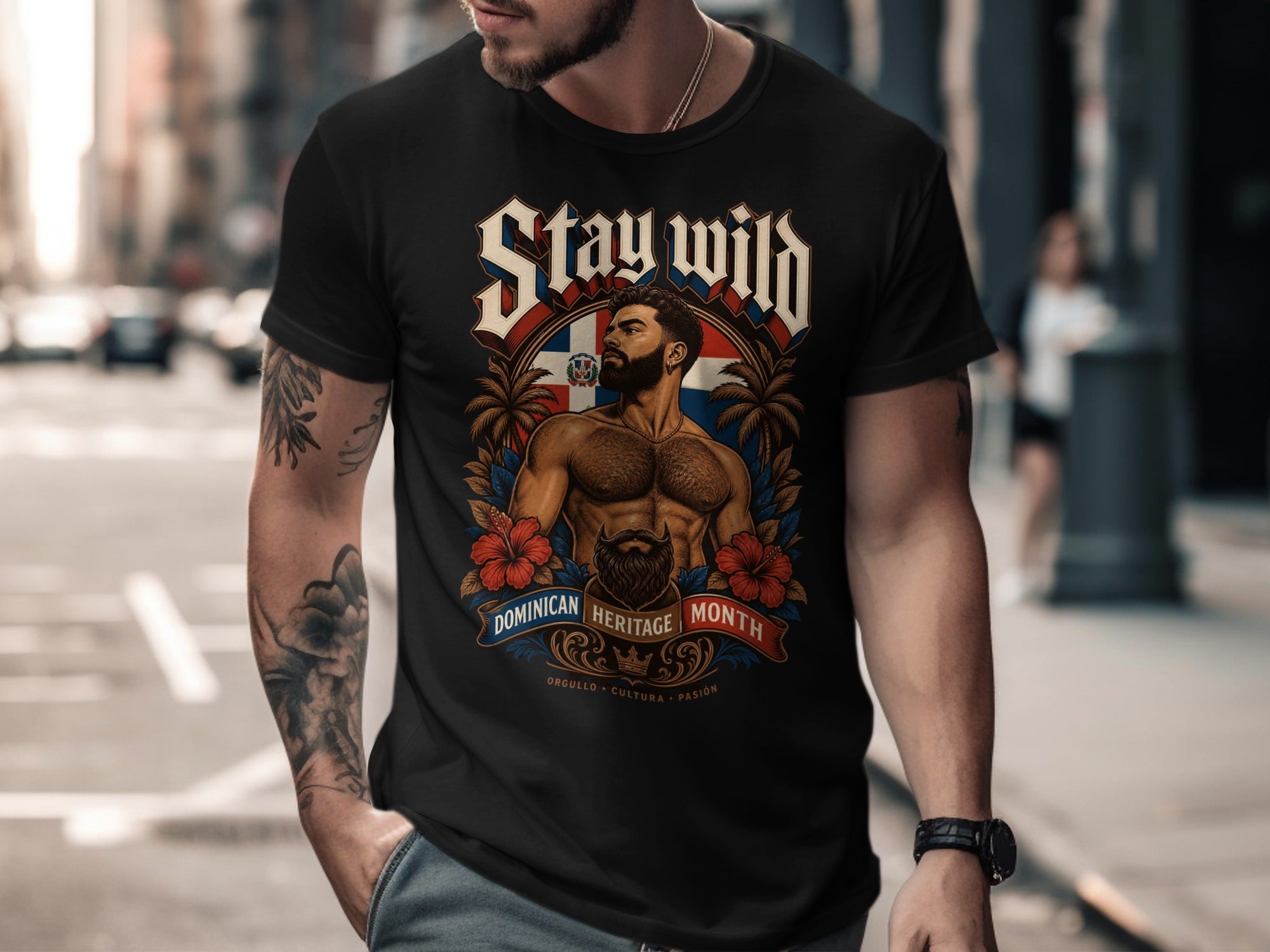 Black t-shirt with "Stay Wild" and Dominican Republic flag graphic.