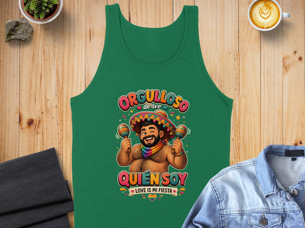 Green tank top with "ORGULLOSO de ser QUIEN SOY" and maracas graphic.