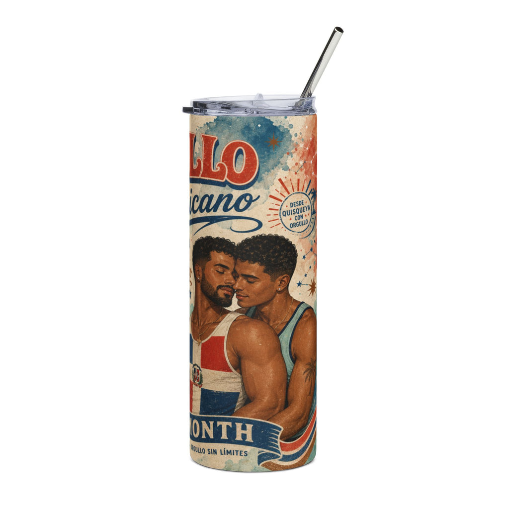 Tall tumbler with image of two men embracing, Dominican flag colors, text.
