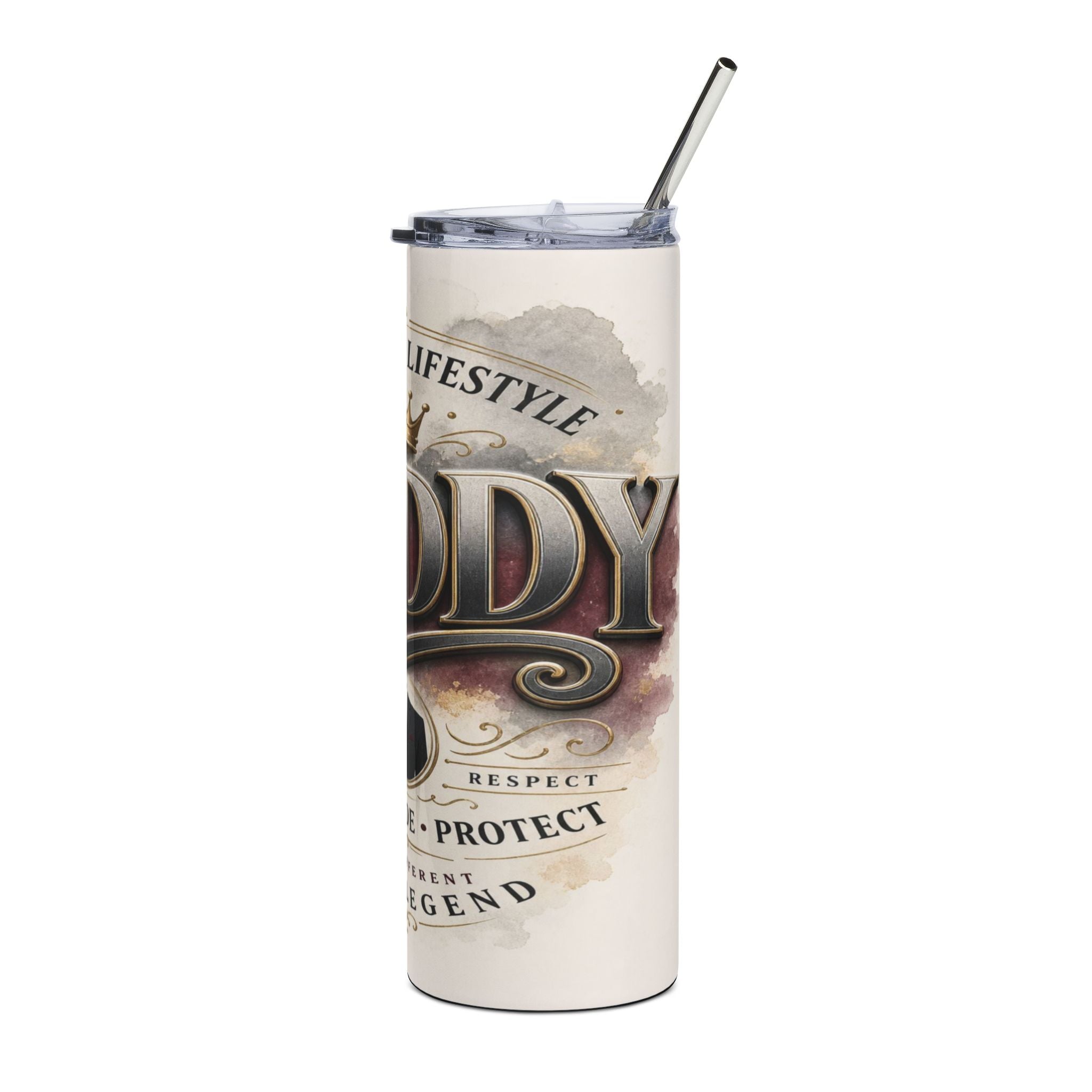 Tall tumbler with "Daddy" text, crown, and "Respect, Protect, Legend" message.