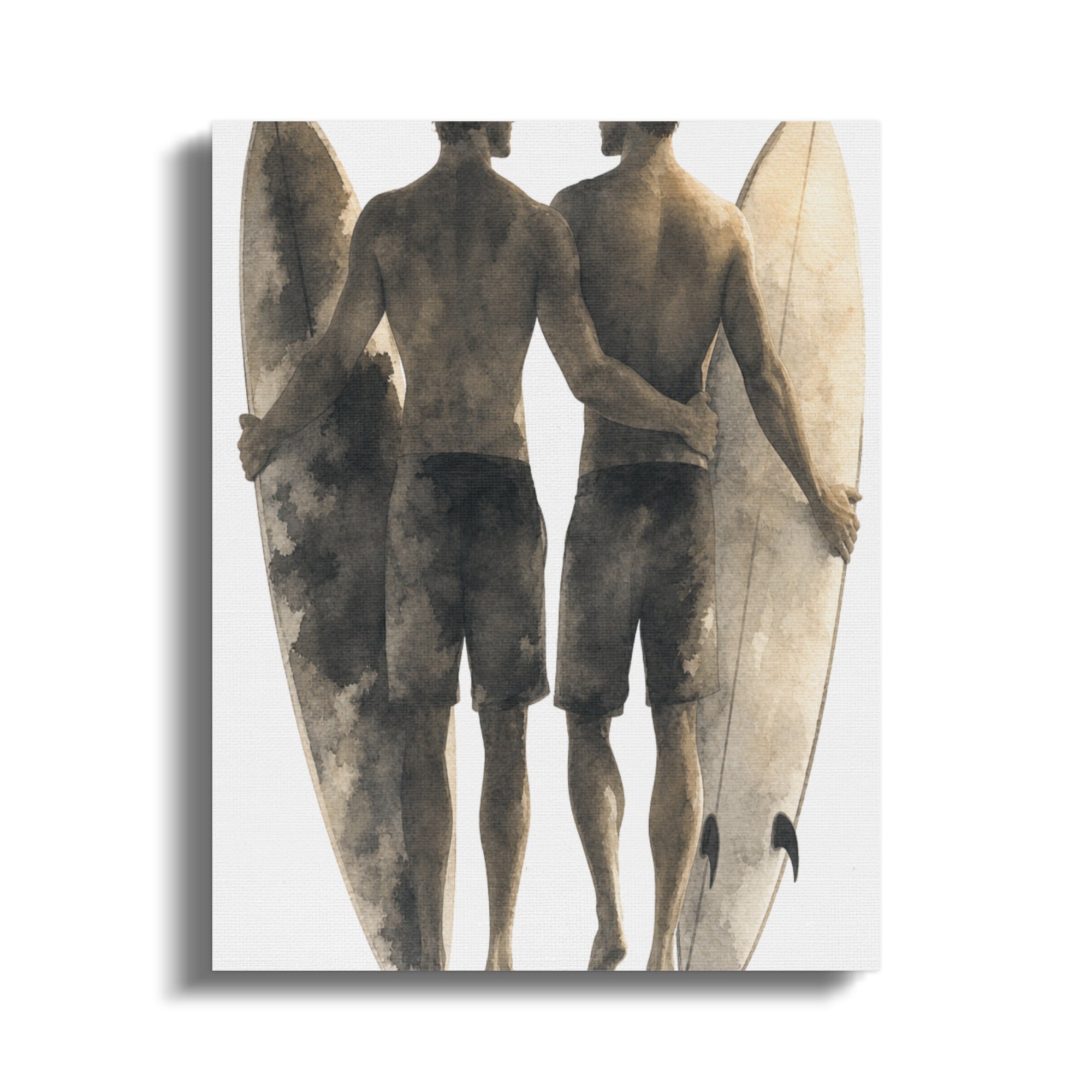 Two surfers embracing, holding surfboards side-by-side, watercolor style.