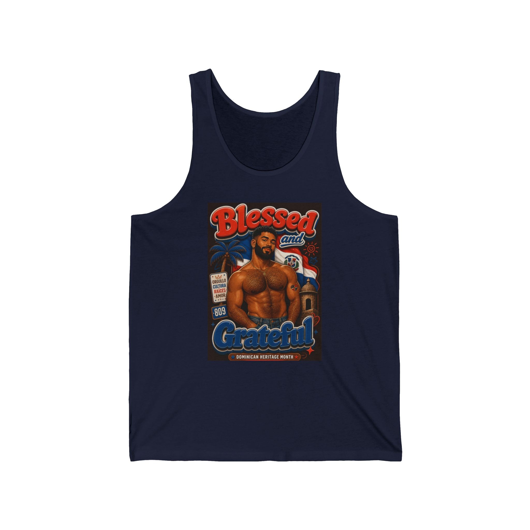 Dominican heritage month tank top with man and flag, "Blessed and Grateful".